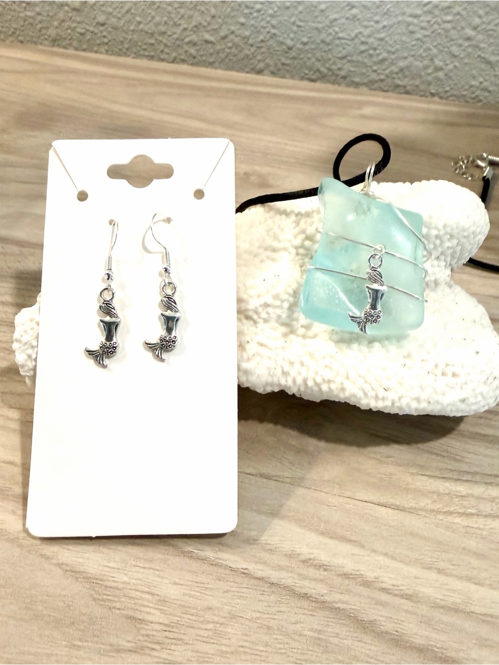 31. Mermaid Charm Earrings and Sea Glass Pendant - Aqua Blue